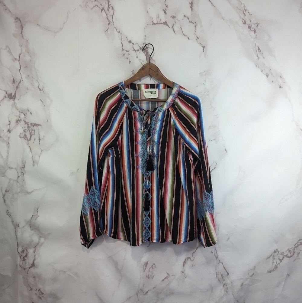 Savanna Jane Top Medium Embroider Boho Bell Sleeve Rainbow Stripe Tassel Blouse